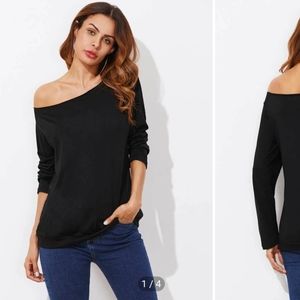 M Women's Black Loose Fit Casual Off Shoulder Top